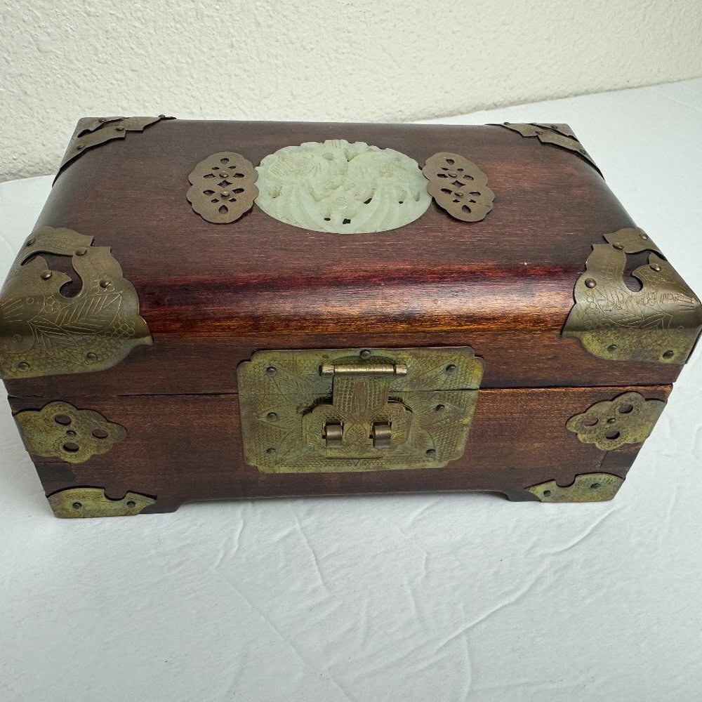 Vintage Shanghai CHINESE Rosewood & JADE Jewelry Box Brass Hardware